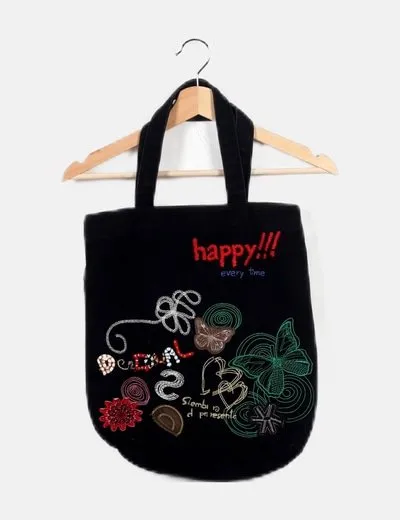 SHELL Bolso negro tote diseño bordado