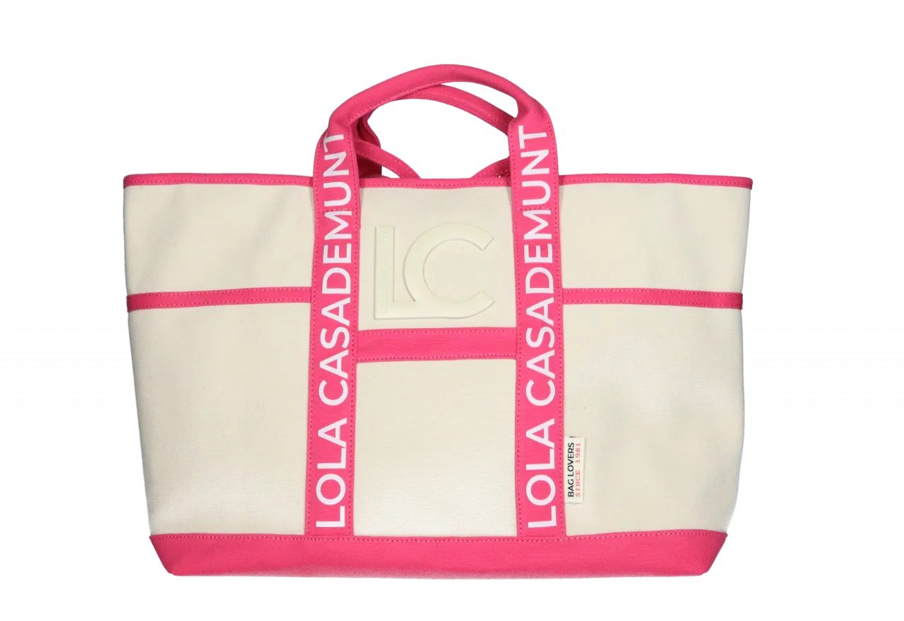 Shopper Grande Canvas Beige/fuxia Asas Dobles Logotipadas