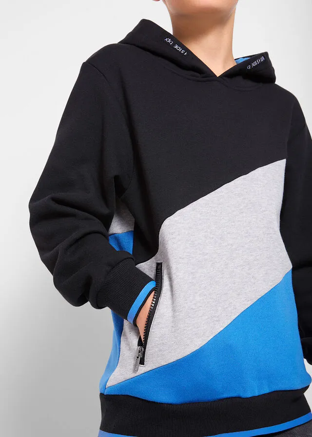 SUDADERA CON CAPUCHA CON DISEñO DE BLOQUES CROMáTICOS NEGROVERDE CLARO JASPEADOAZUL