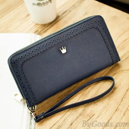 Sweet Girl's PU Hollow Dents Crown Lace Purse Card Wallet Clutch Bag