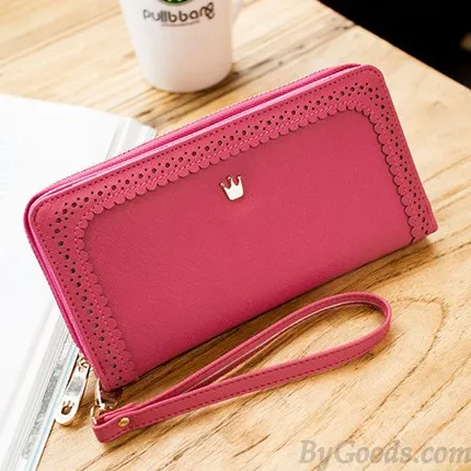 Sweet Girl's PU Hollow Dents Crown Lace Purse Card Wallet Clutch Bag