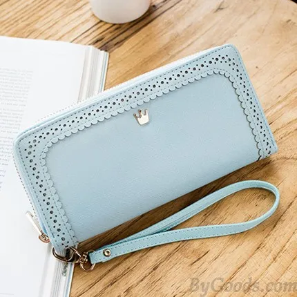 Sweet Girl's PU Hollow Dents Crown Lace Purse Card Wallet Clutch Bag