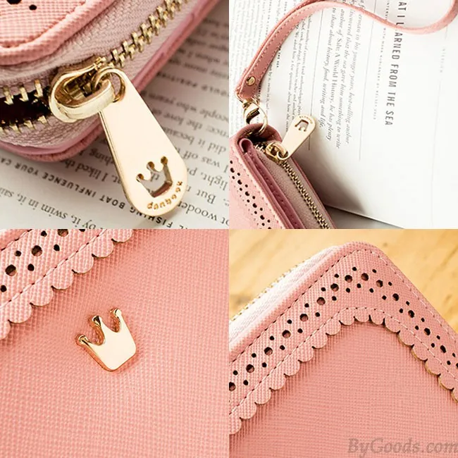 Sweet Girl's PU Hollow Dents Crown Lace Purse Card Wallet Clutch Bag
