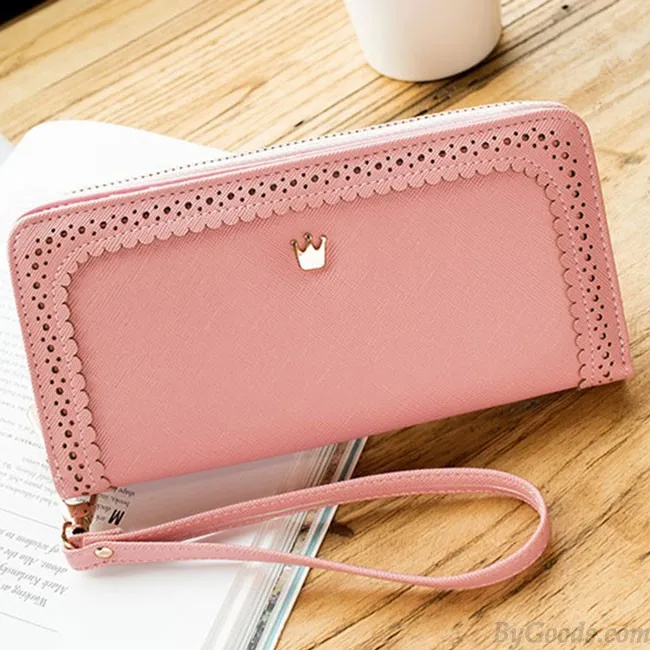 Sweet Girl's PU Hollow Dents Crown Lace Purse Card Wallet Clutch Bag