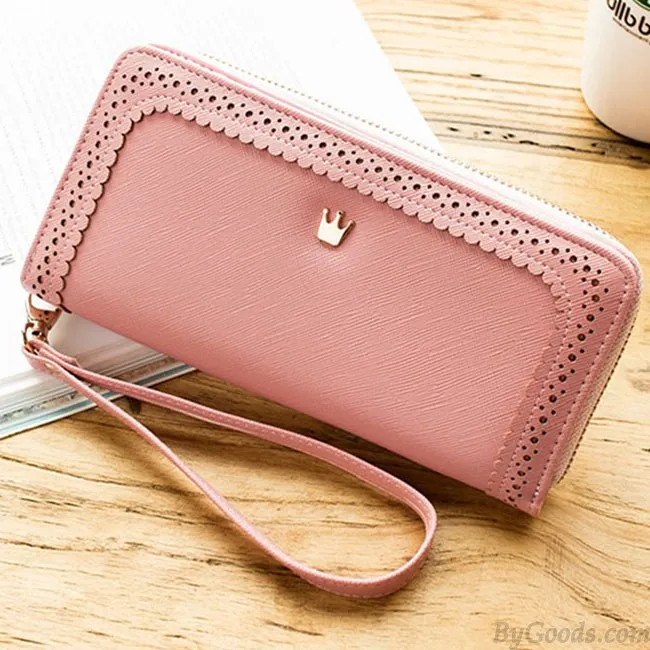 Sweet Girl's PU Hollow Dents Crown Lace Purse Card Wallet Clutch Bag