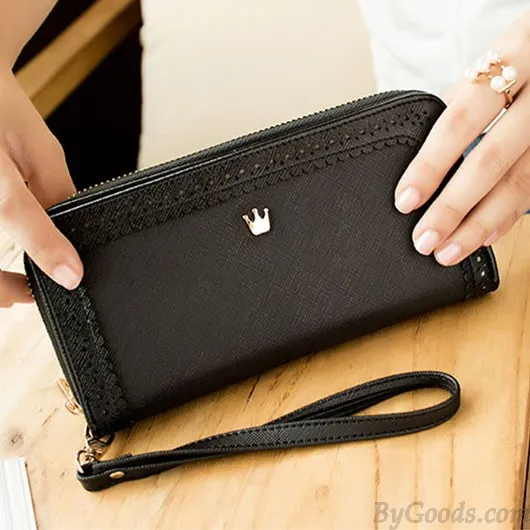 Sweet Girl's PU Hollow Dents Crown Lace Purse Card Wallet Clutch Bag