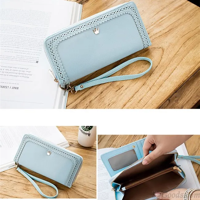 Sweet Girl's PU Hollow Dents Crown Lace Purse Card Wallet Clutch Bag