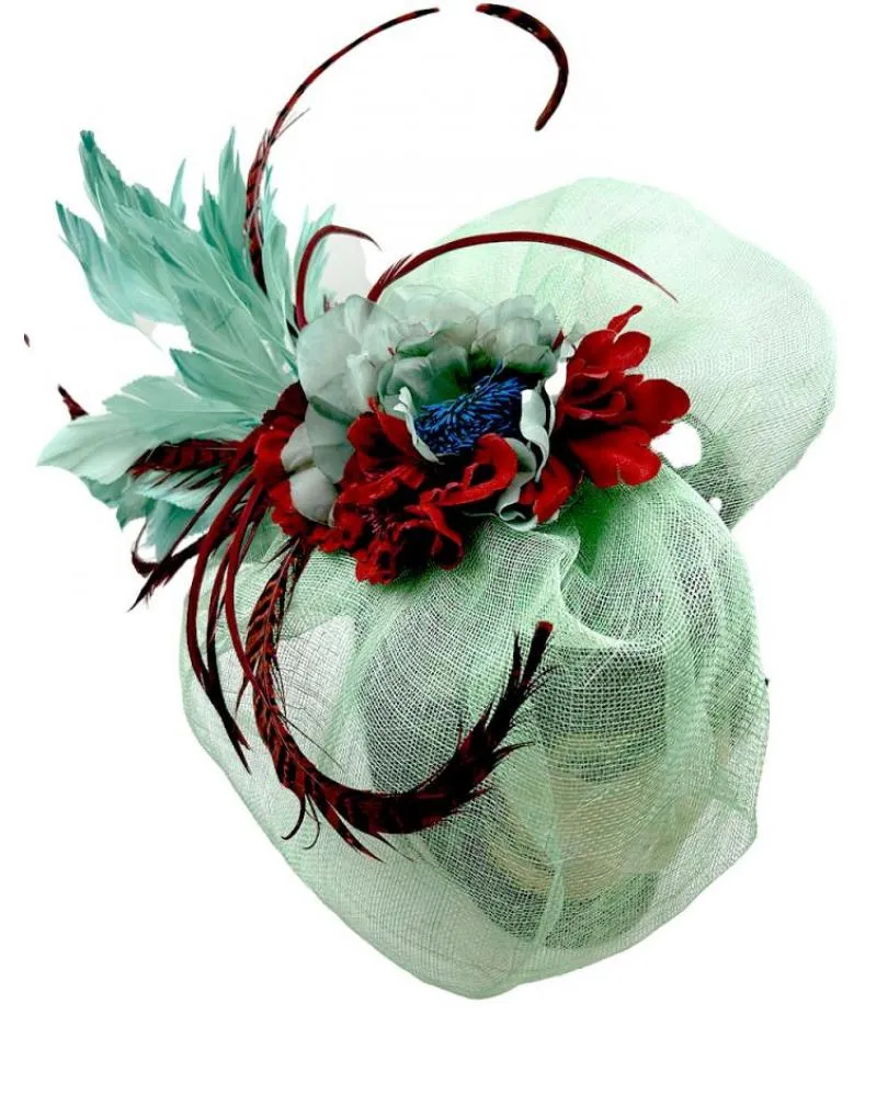 TOCADOS VERDES Y GRANATES SOFISTICADO DISEÑO CON PLUMAS FAISAN