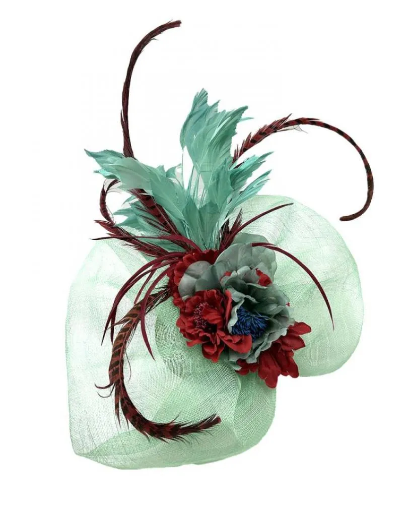 TOCADOS VERDES Y GRANATES SOFISTICADO DISEÑO CON PLUMAS FAISAN