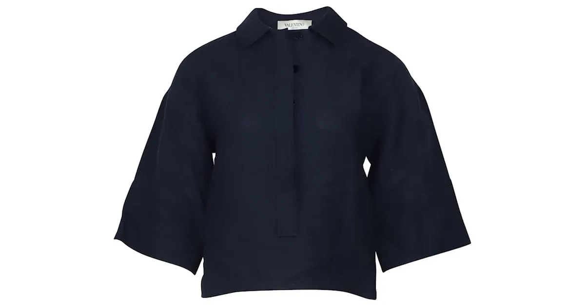 Top corto de lino azul marino con manga tres cuartos de Valentino 