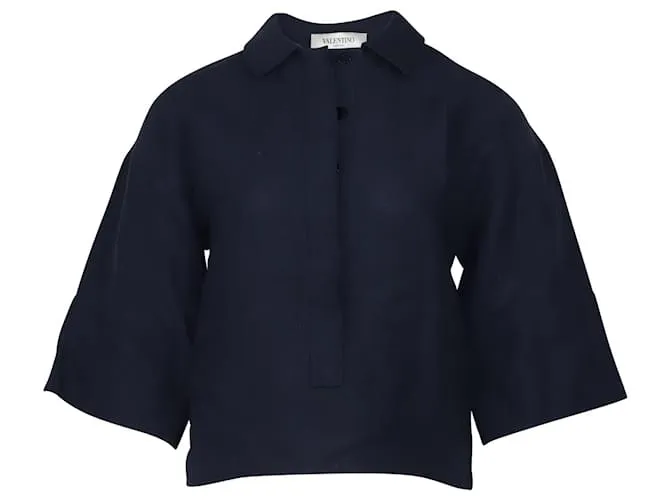 Top corto de lino azul marino con manga tres cuartos de Valentino 