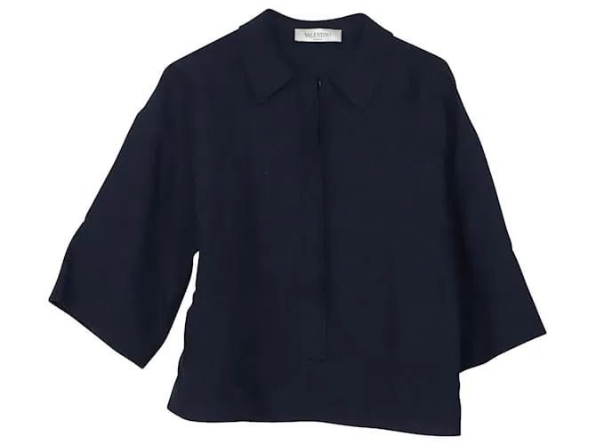 Top corto de lino azul marino con manga tres cuartos de Valentino 