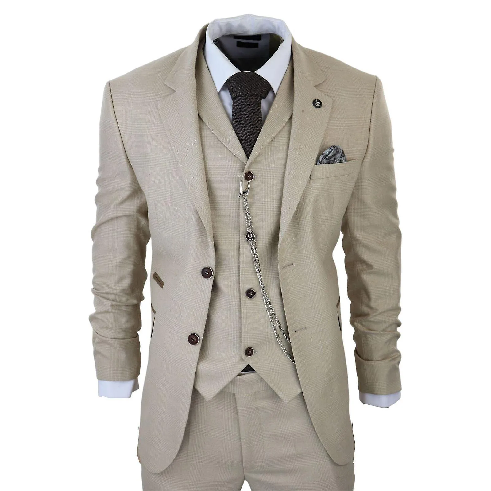 Traje de cuadros Príncipe de Gales crema de 3 piezas para hombre