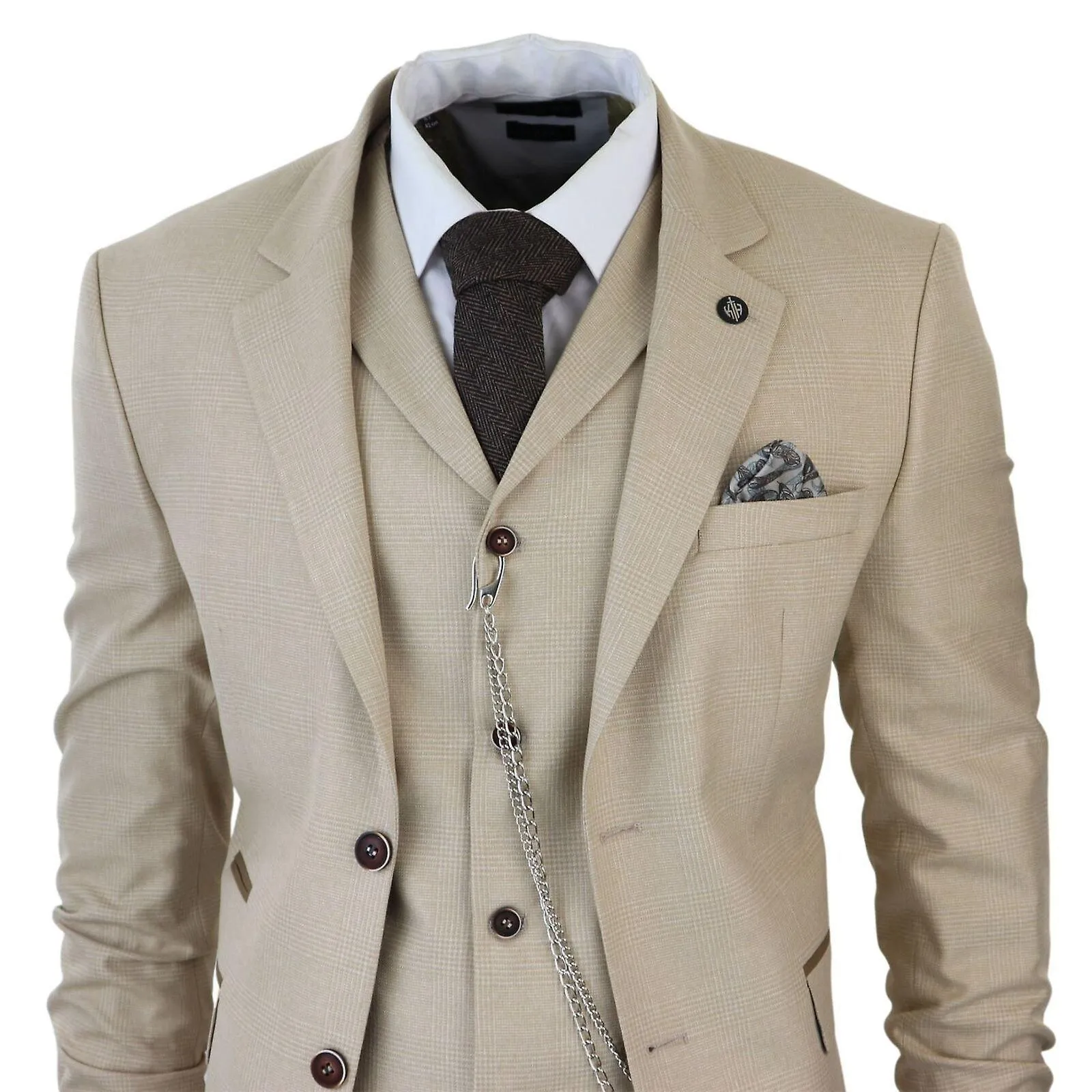 Traje de cuadros Príncipe de Gales crema de 3 piezas para hombre