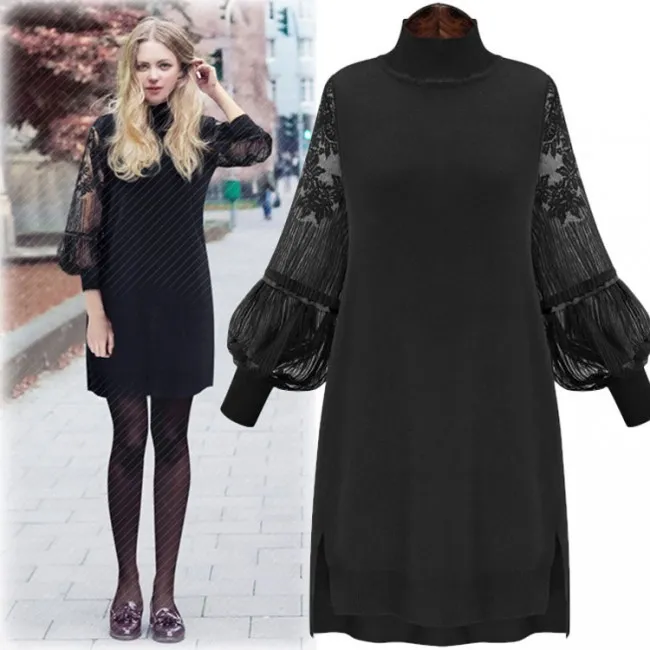 Unique High Collar Large Size Lace Dress Stitching Bishop Sleeved Backing Skirt