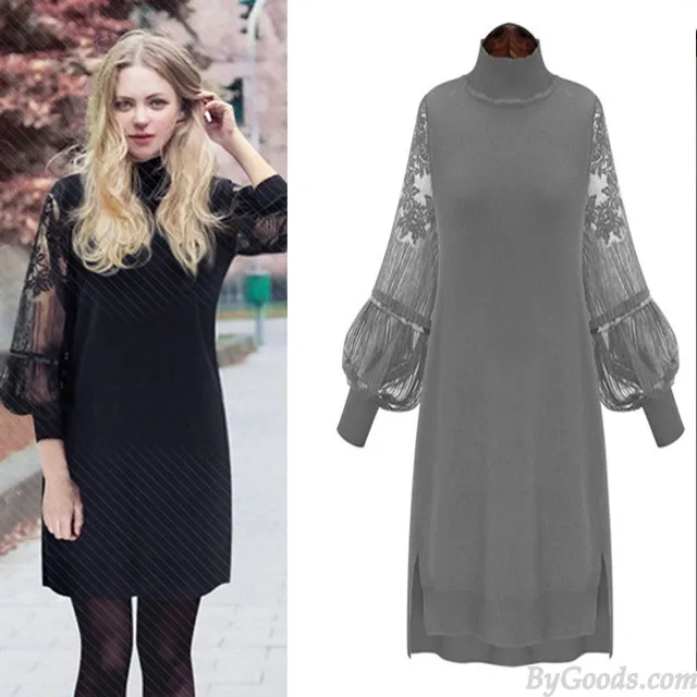 Unique High Collar Large Size Lace Dress Stitching Bishop Sleeved Backing Skirt