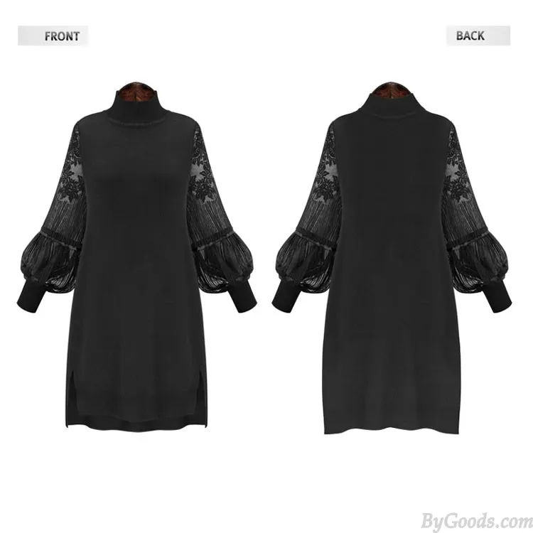 Unique High Collar Large Size Lace Dress Stitching Bishop Sleeved Backing Skirt