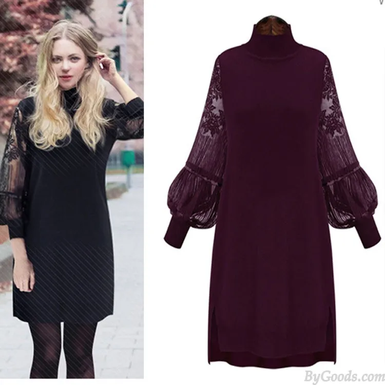 Unique High Collar Large Size Lace Dress Stitching Bishop Sleeved Backing Skirt