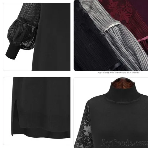 Unique High Collar Large Size Lace Dress Stitching Bishop Sleeved Backing Skirt