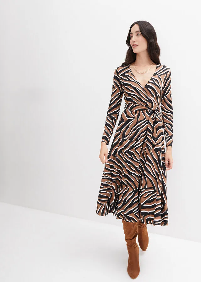 VESTIDO CON DISEñO CRUZADO NEGROCAMEL ESTAMPADO