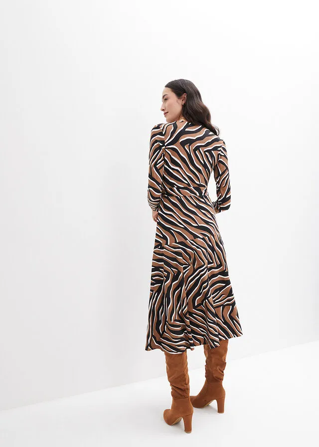 VESTIDO CON DISEñO CRUZADO NEGROCAMEL ESTAMPADO