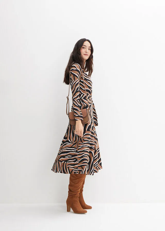 VESTIDO CON DISEñO CRUZADO NEGROCAMEL ESTAMPADO