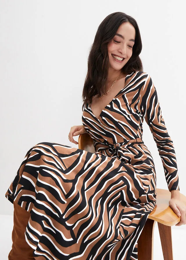 VESTIDO CON DISEñO CRUZADO NEGROCAMEL ESTAMPADO