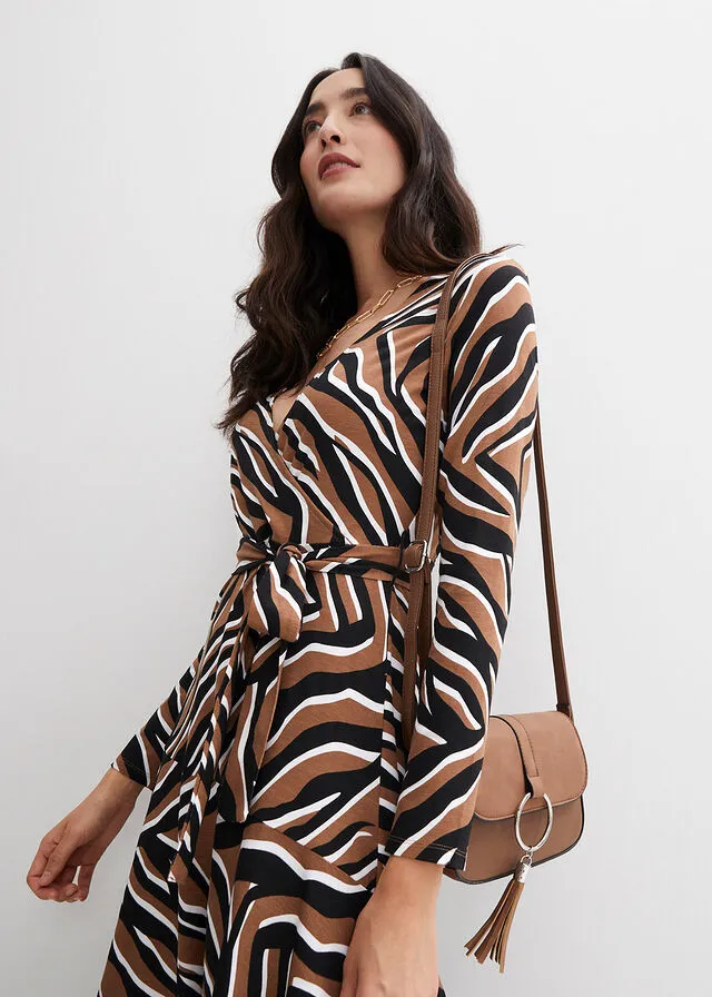 VESTIDO CON DISEñO CRUZADO NEGROCAMEL ESTAMPADO