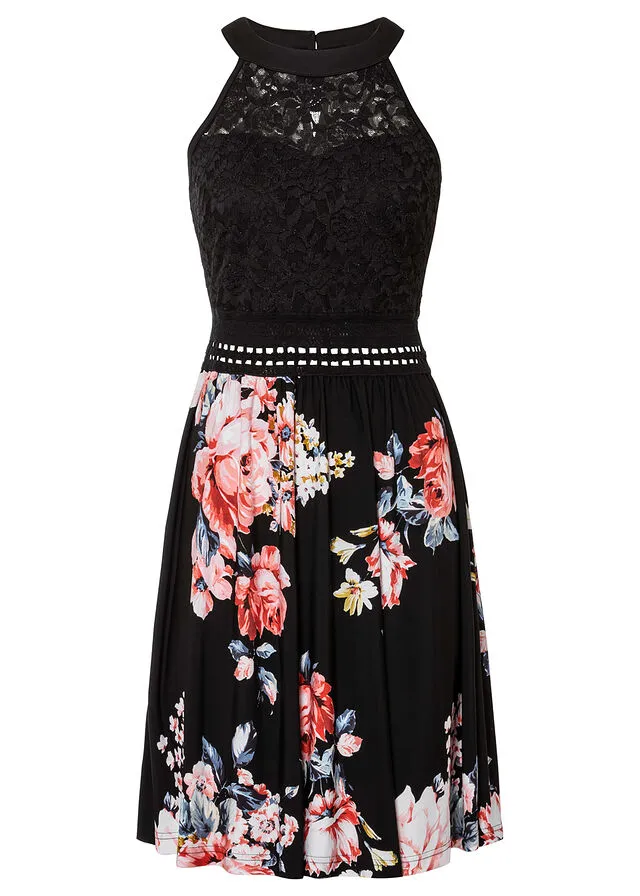 Vestido con encaje negro/rosa pálido con flores