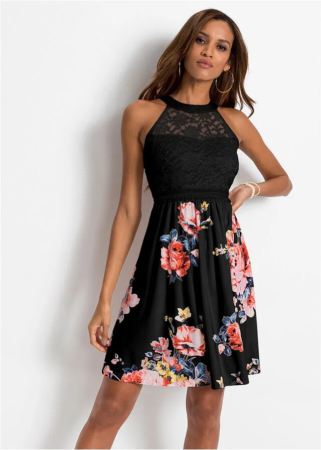 Vestido con encaje negro/rosa pálido con flores