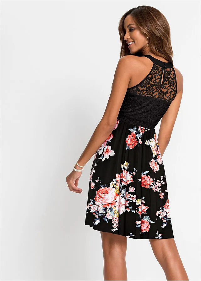 Vestido con encaje negro/rosa pálido con flores