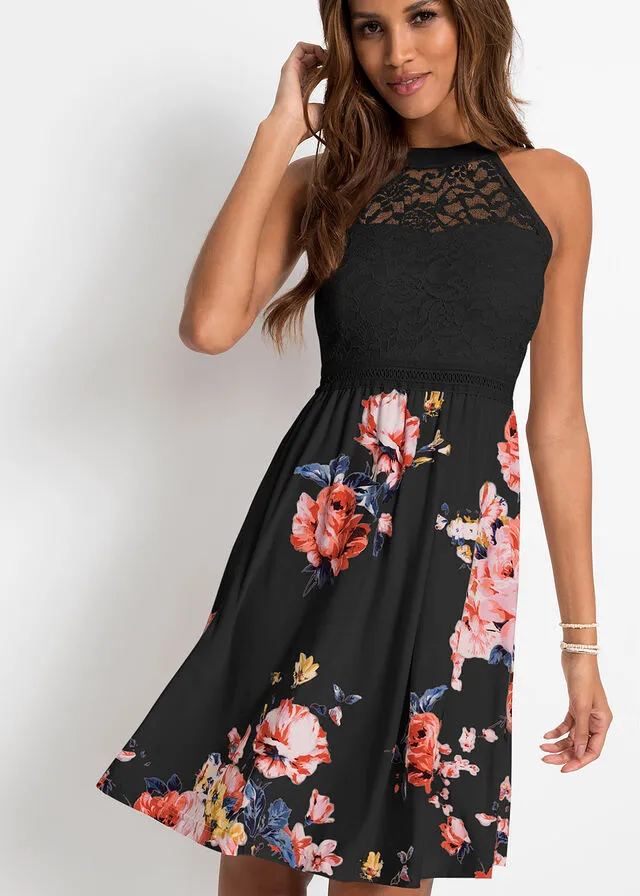 Vestido con encaje negro/rosa pálido con flores