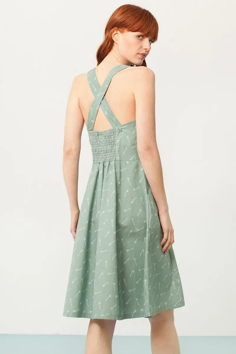Vestido cruzado verde estampado de bambú