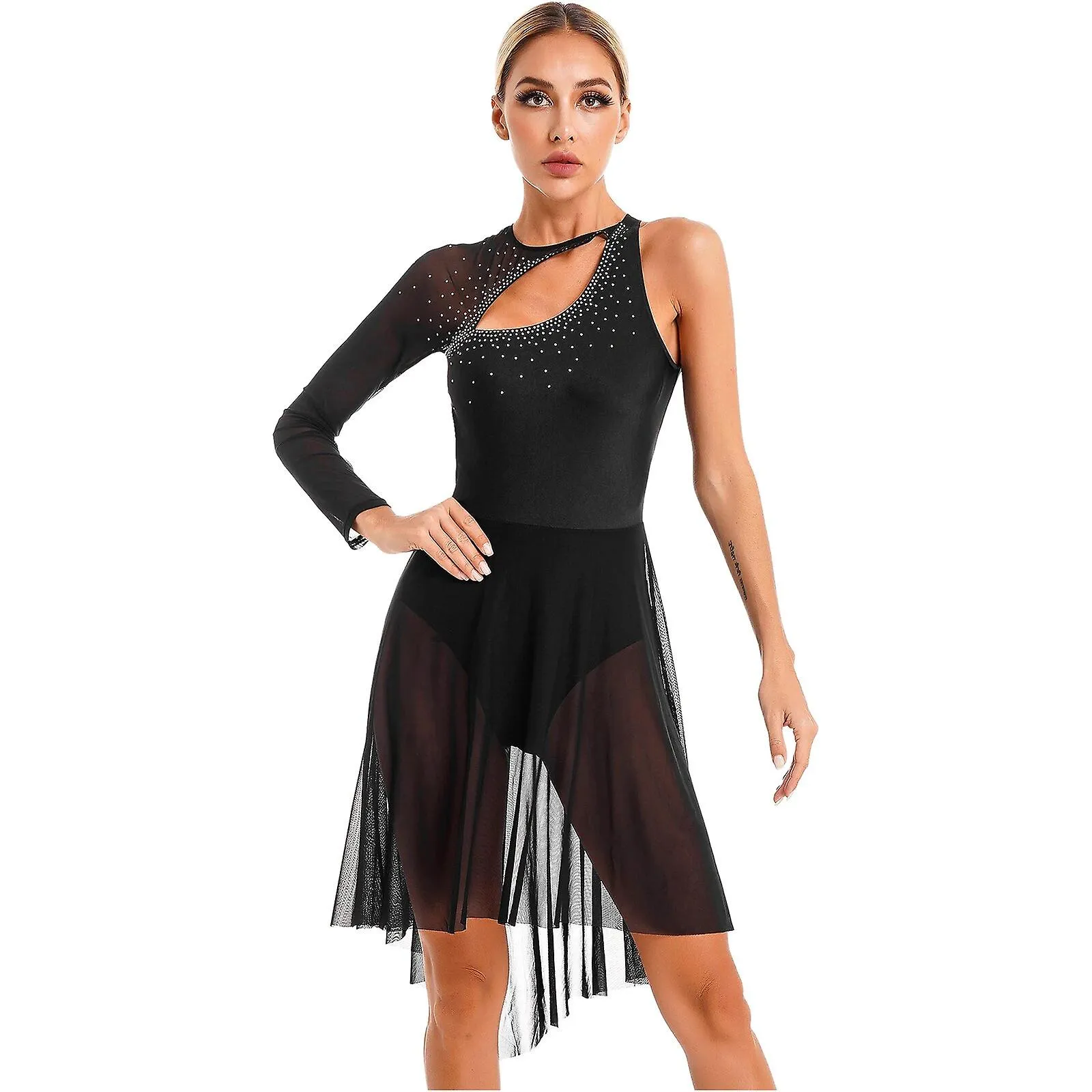 Vestido de patinaje artístico Vestido de baile lírico de manga larga para mujer Ropa de baile de escenario Leotardo de gimnasia 