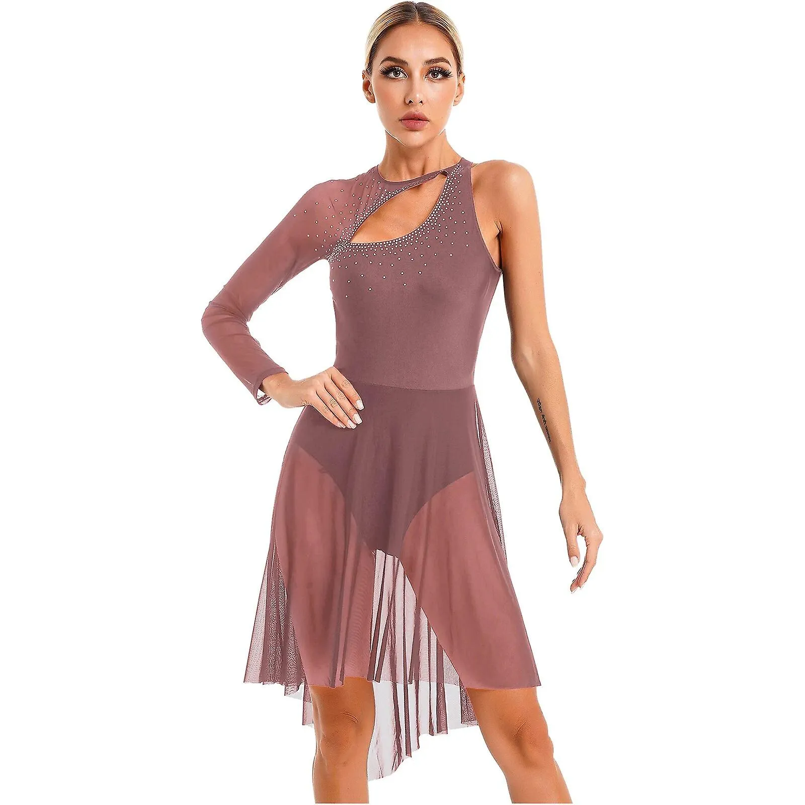 Vestido de patinaje artístico Vestido de baile lírico de manga larga para mujer Ropa de baile de escenario Leotardo de gimnasia 