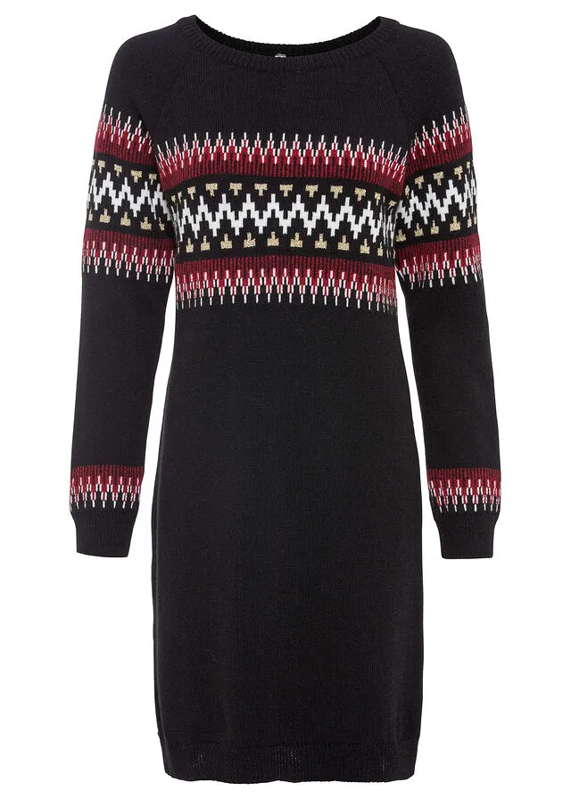 VESTIDO DE PUNTO CON PATRóN NEGROROJO OSCURO CON PATRóN DE ESTILO NORUEGO
