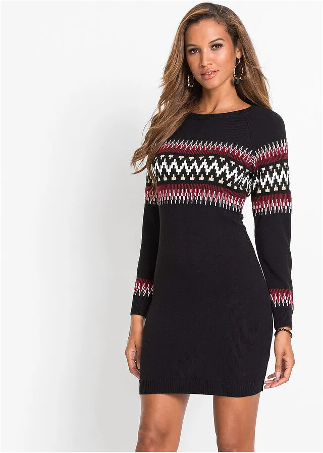 VESTIDO DE PUNTO CON PATRóN NEGROROJO OSCURO CON PATRóN DE ESTILO NORUEGO