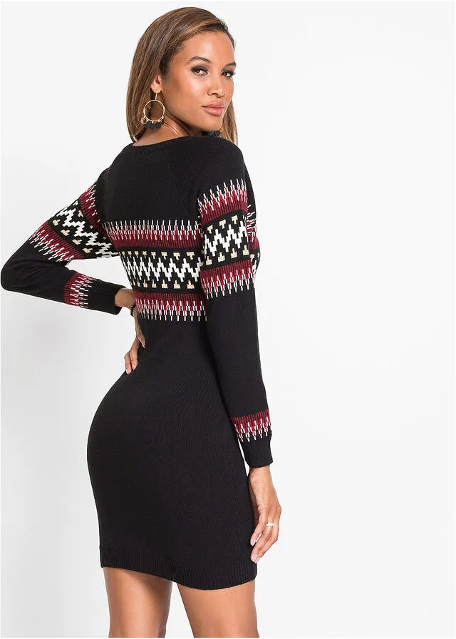 VESTIDO DE PUNTO CON PATRóN NEGROROJO OSCURO CON PATRóN DE ESTILO NORUEGO