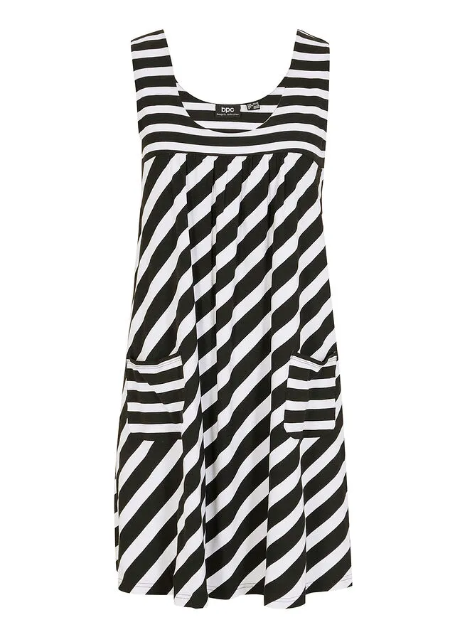 VESTIDO DE PUNTO CORTO DE VISCOSA CON BOLSILLOS NEGROBLANCO CON RAYAS