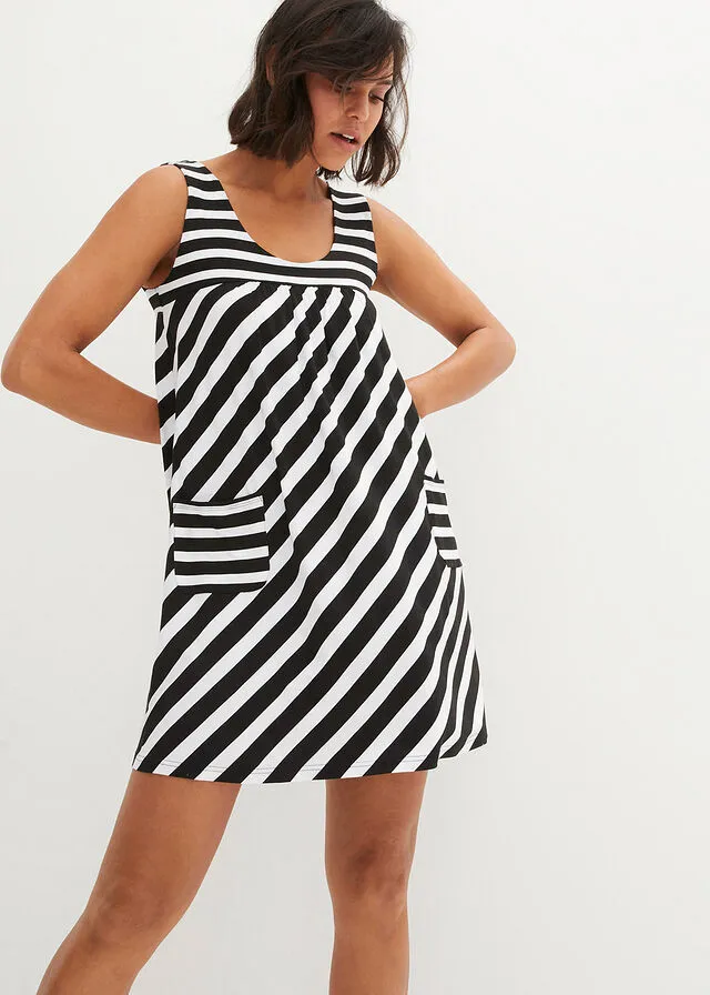 VESTIDO DE PUNTO CORTO DE VISCOSA CON BOLSILLOS NEGROBLANCO CON RAYAS