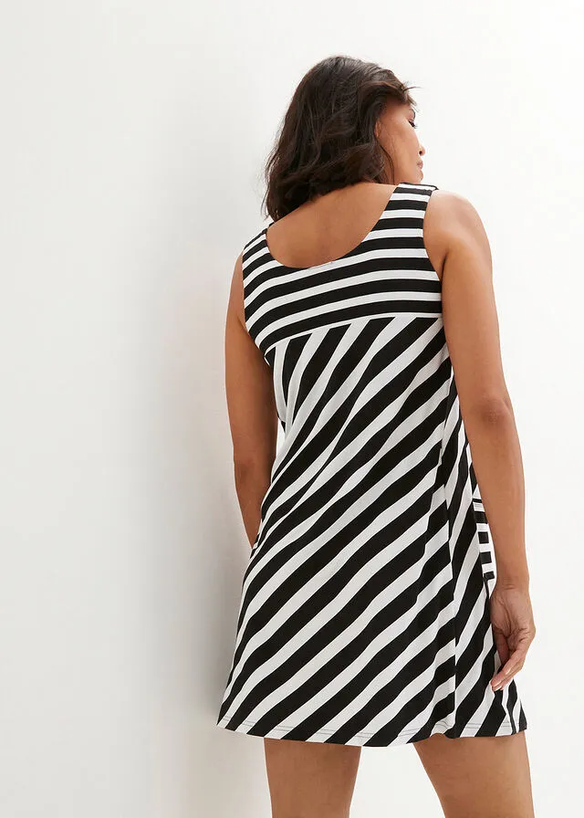 VESTIDO DE PUNTO CORTO DE VISCOSA CON BOLSILLOS NEGROBLANCO CON RAYAS