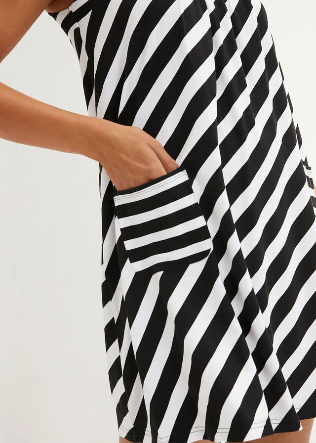 VESTIDO DE PUNTO CORTO DE VISCOSA CON BOLSILLOS NEGROBLANCO CON RAYAS