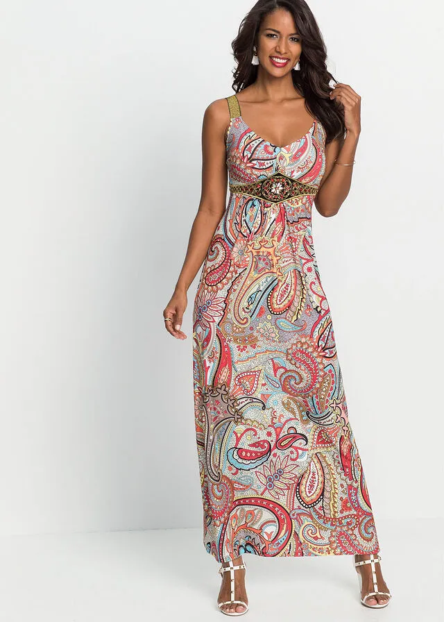 Vestido largo con aplicaciones Amarillo con patrón paisley