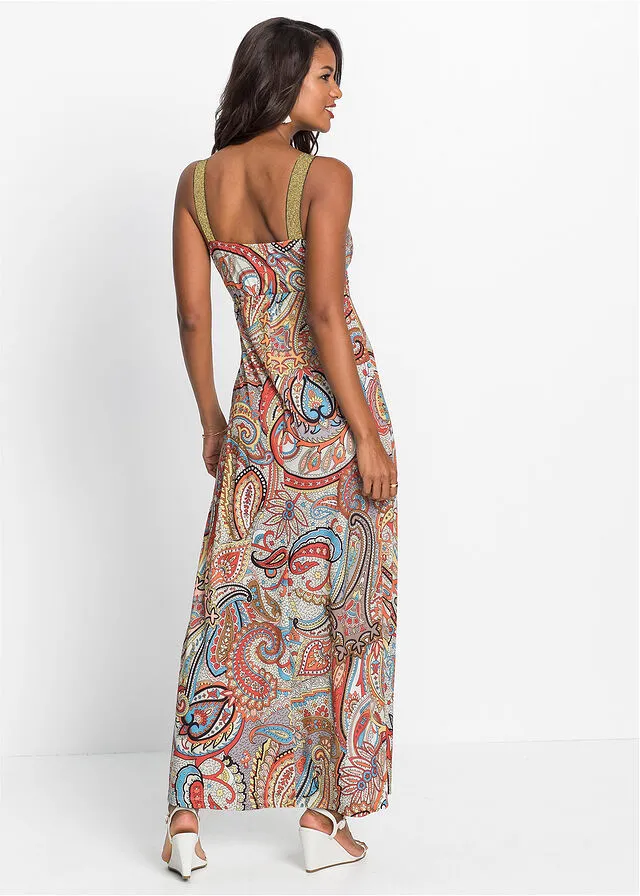 Vestido largo con aplicaciones Amarillo con patrón paisley