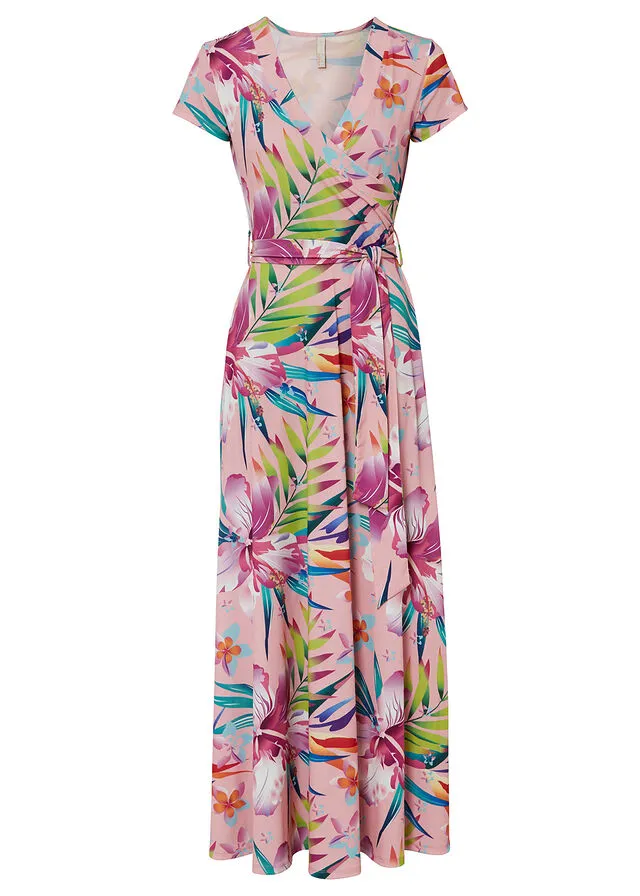 VESTIDO LARGO CON DISEñO CRUZADO ROSA CLAROROSA DE FLORES