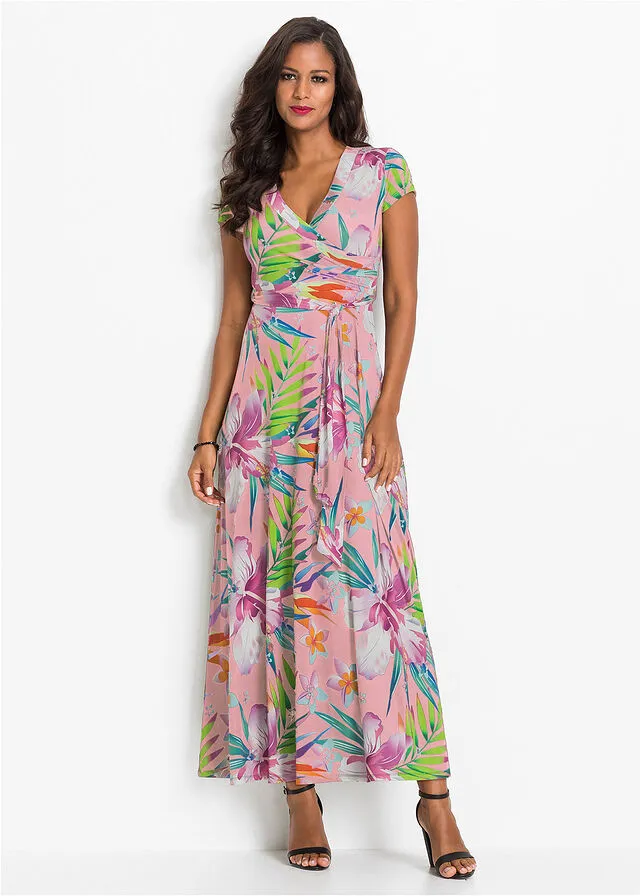 VESTIDO LARGO CON DISEñO CRUZADO ROSA CLAROROSA DE FLORES