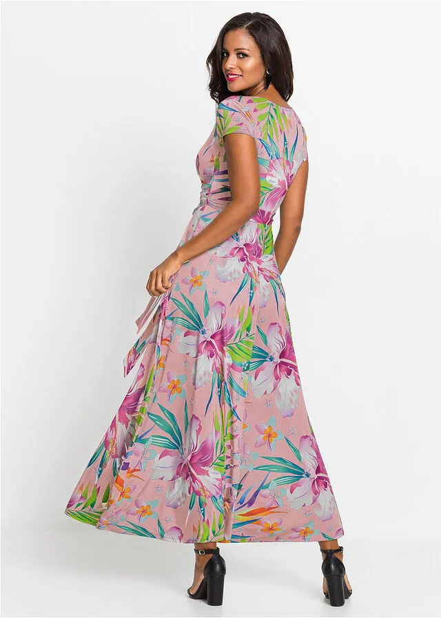 VESTIDO LARGO CON DISEñO CRUZADO ROSA CLAROROSA DE FLORES