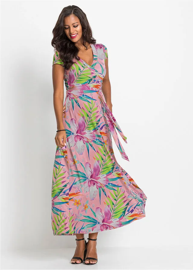 VESTIDO LARGO CON DISEñO CRUZADO ROSA CLAROROSA DE FLORES