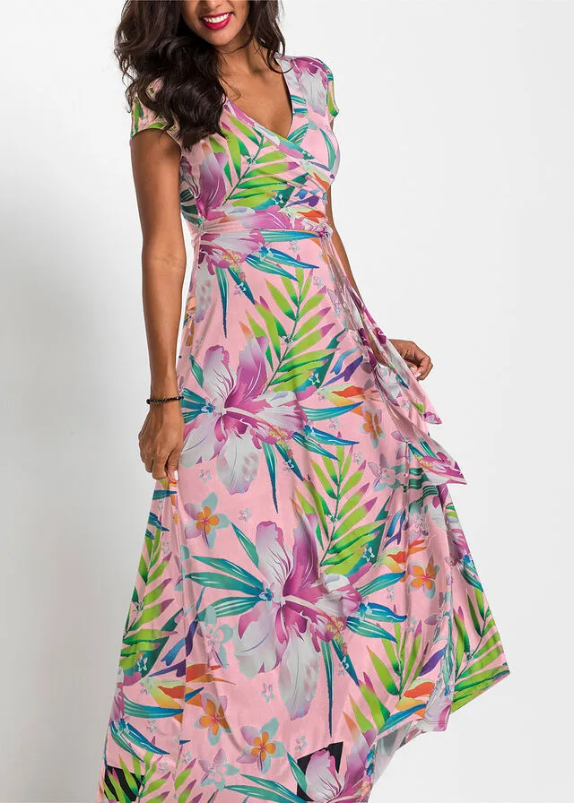 VESTIDO LARGO CON DISEñO CRUZADO ROSA CLAROROSA DE FLORES