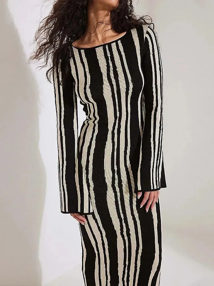 Vestido largo de punto a rayas de verano para mujeres Elegante vestido ajustado de manga larga con escote en O Moda para damas V